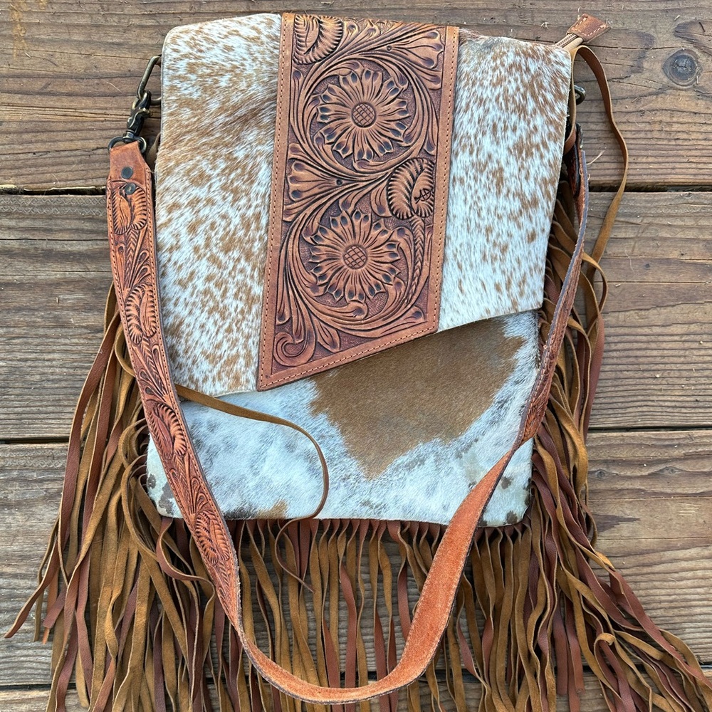 Hand Tooled Leather Crossbody Bag with Fringe